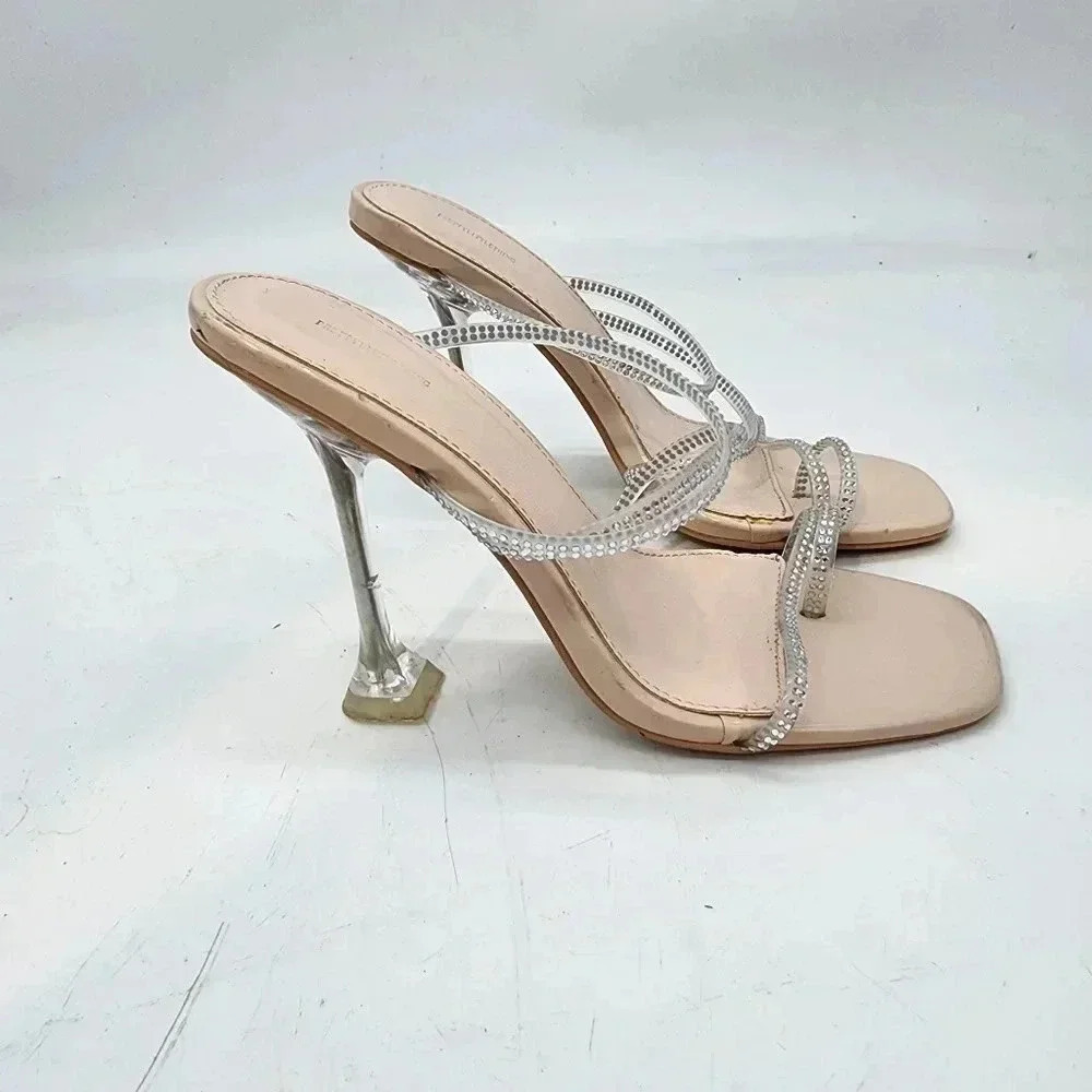 PrettyLittleThing Women's Nude Beige Clear Heel Mule Sandals Rhinestones Sz 6